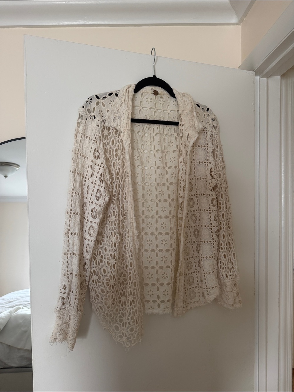 Free People Cream Crochet Hooded Cardigan